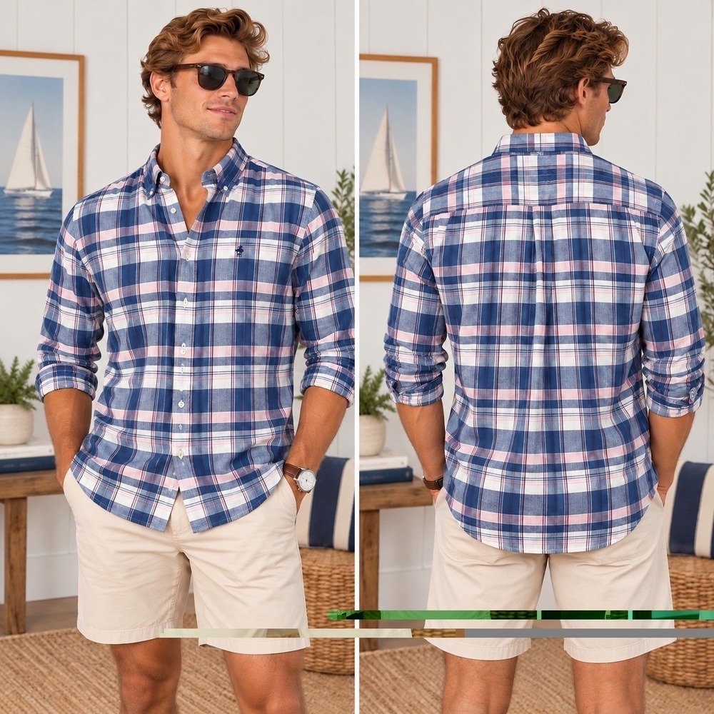 Brooks Brothers Red Fleece Mens XL Linen Cotton Plaid Button Down Shirt Blue